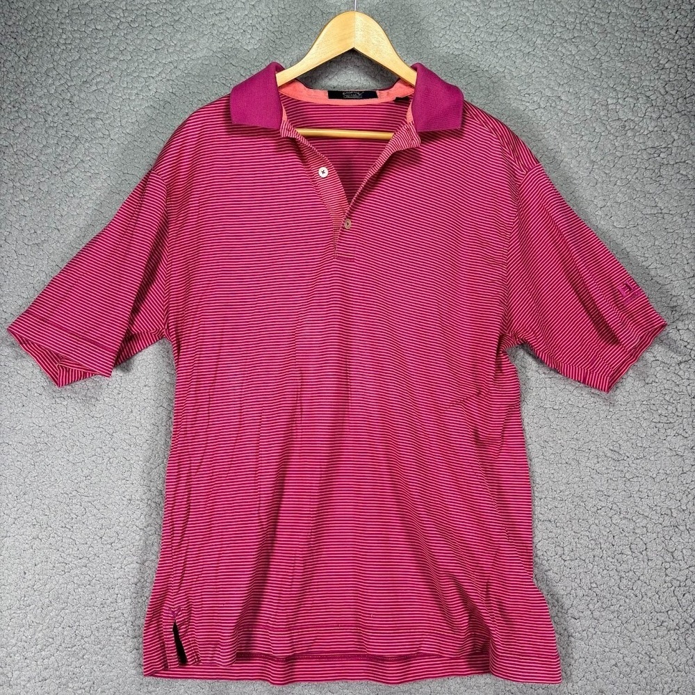VTG Callaway Golf Collection Polo HIP Shirt Mens L 100% Fine Cotton Pink Striped